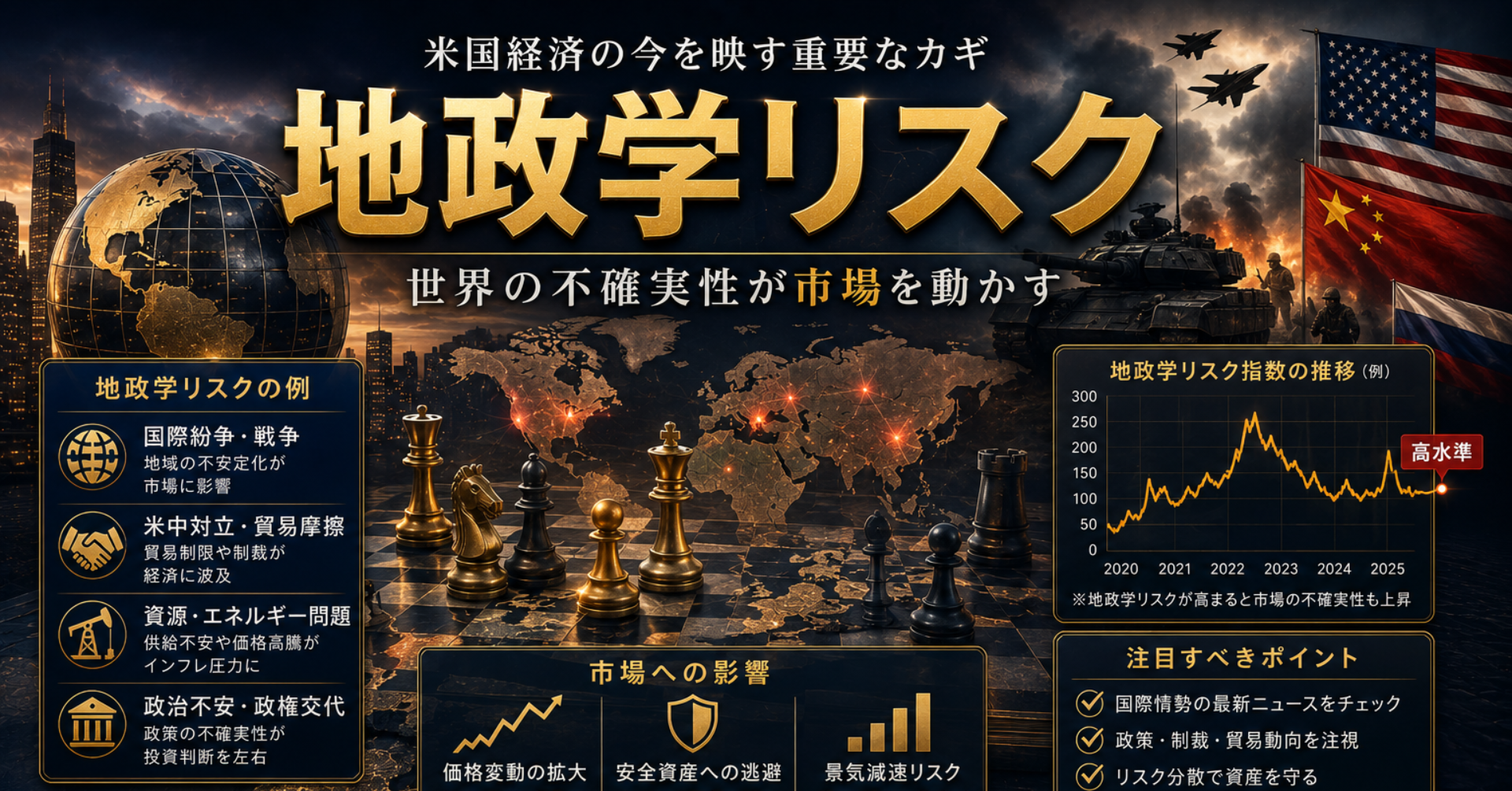 戦争や紛争、テロ、外交問題など地政学リスクについて為替市場に影響を与える最新ニュースを分かりやすく解説